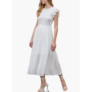 NWT August Sky Womens Smocked Tiered Midi Dress White Size Medium‎